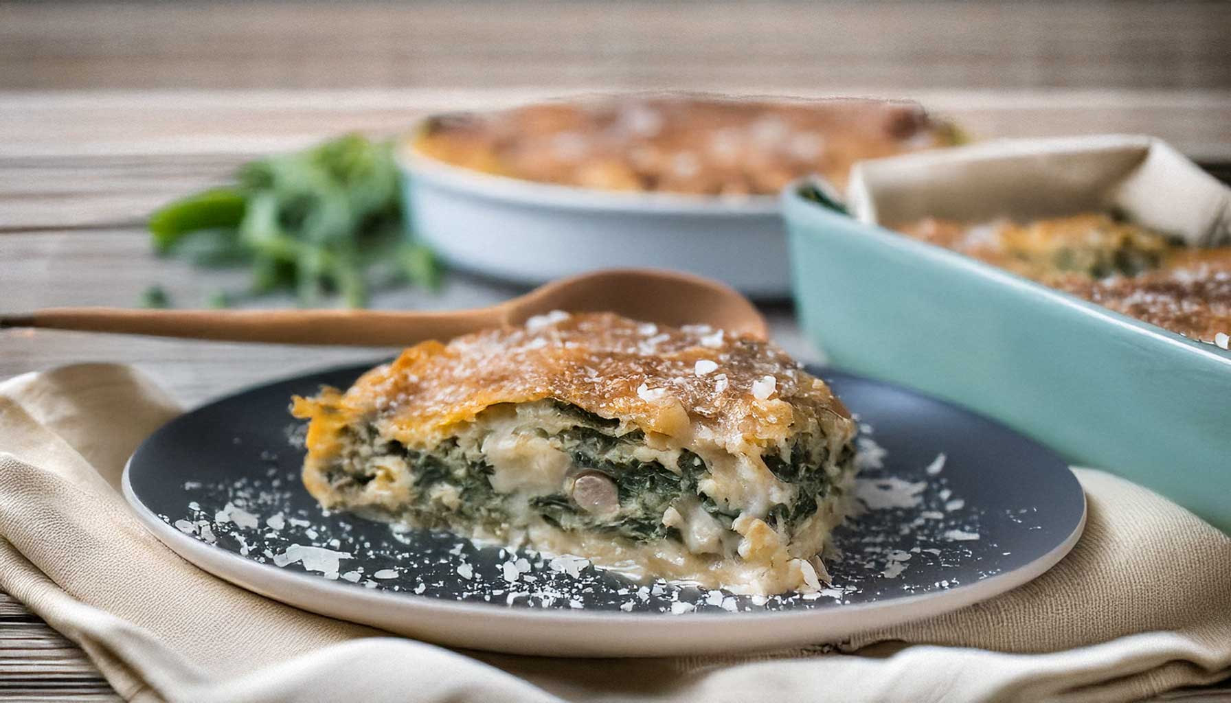 A single serving of spinach ricotta lasagna on a white plate, garnished with basil, with the full lasagna dish visible in the background.