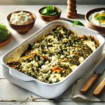 Delicious spinach ricotta lasagna on a rustic wooden table, displayed in a baking tray with melted mozzarella and fresh spinach leaves.