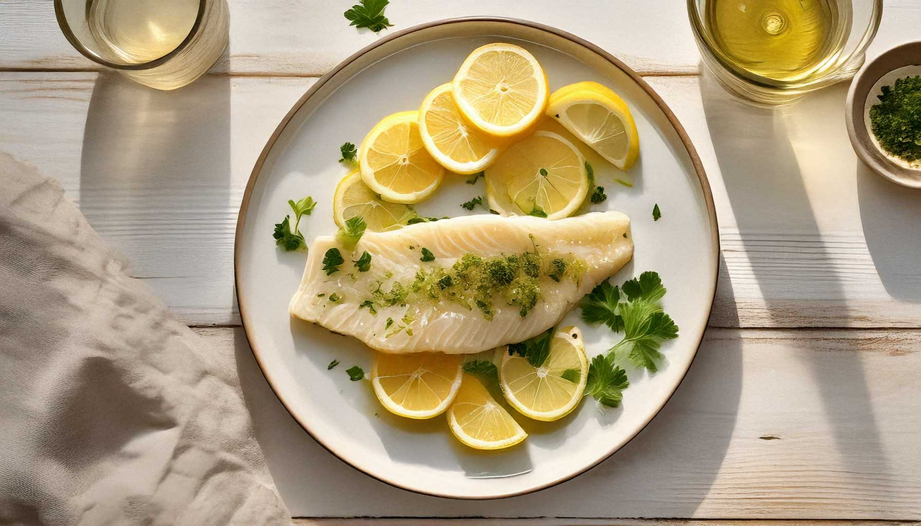 A steamed fish fillet garnished with lemon slices and fresh herbs on a white plate.