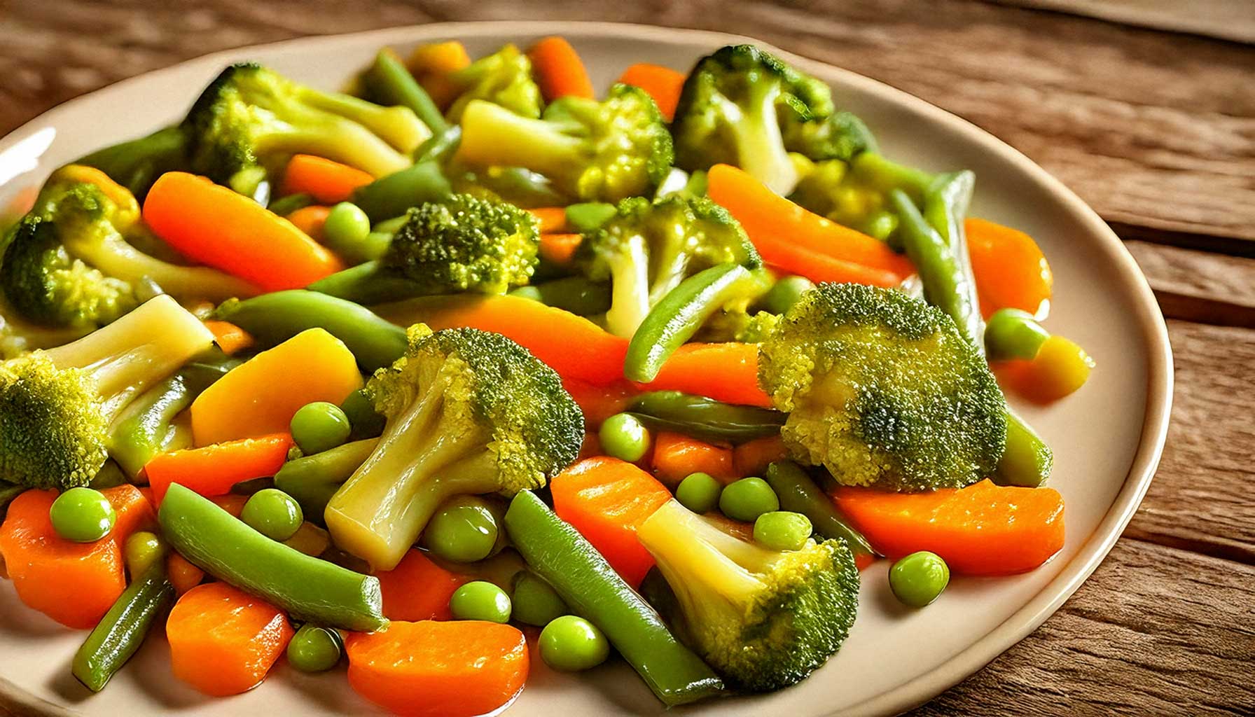 A plate of steamed broccoli, carrots, and green beans served on a rustic wooden table.