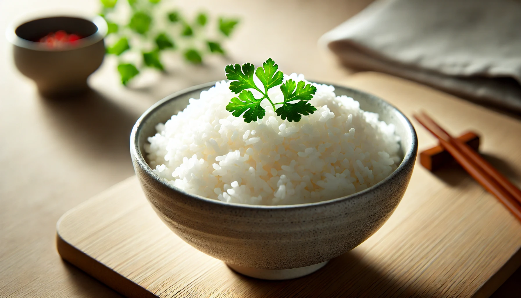 A bowl of perfectly steamed white rice garnished with fresh green herbs.