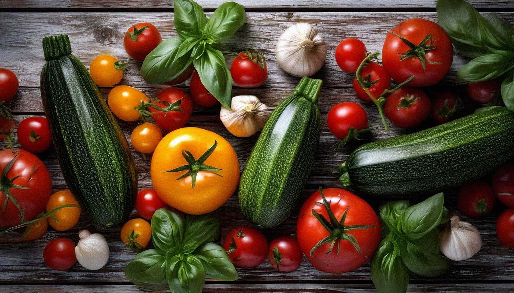 Fresh seasonal vegetables and herbs like tomatoes, zucchini, and basil arranged beautifully on a rustic white shabby wooden table, glowing under soft natural light. Title: Sustainable Mediterranean Food