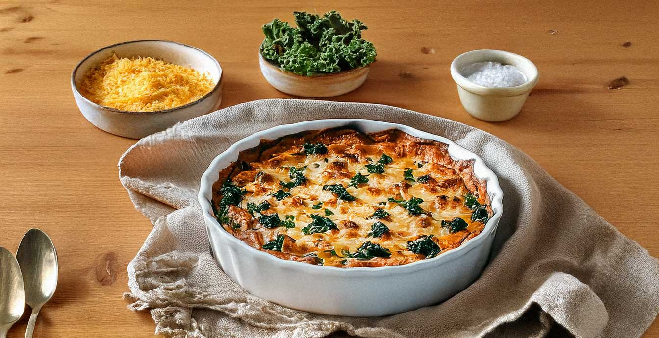 A bubbling sweet potato and kale gratin with golden-brown cheese crust, served in a white casserole dish.