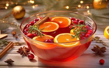 [winter-punch-creations] Alt Text: A large glass bowl filled with vibrant winter punch, garnished with orange slices, cranberries, and rosemary sprigs. The bowl is surrounded by festive decorations on a shabby white wooden table with natural lighting.