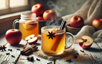 A cup of hot winter spiced apple punch garnished with a cinnamon stick and star anise, placed on a rustic wooden table.