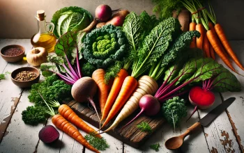 A beautifully arranged collection of winter vegetables on a rustic wooden surface, highlighting their vibrant colors and textures.