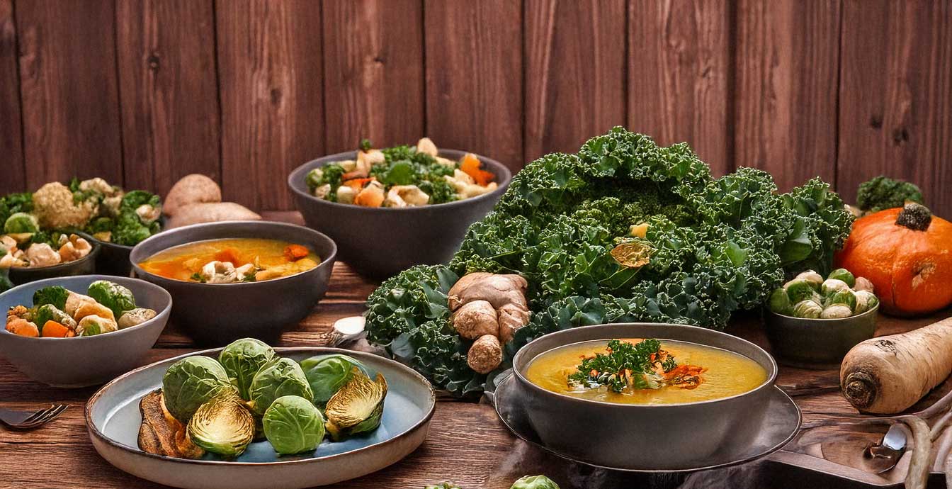 A beautifully arranged table featuring a variety of creative winter vegetable dishes, set on a rustic wooden surface.