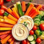 Bowl of creamy hummus with a selection of fresh veggie sticks on a rustic table