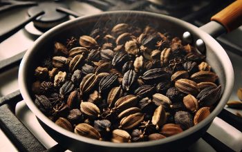 Close-up of black cardamom pods being toasted in a stainless steel pan, highlighting their smoky aroma and rough texture under warm lighting.